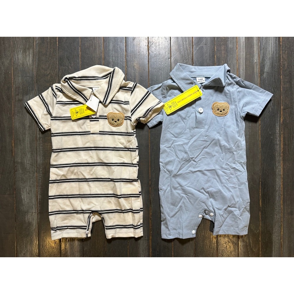 Baby Boy Polo Romper 2-Pack Teddy Bear Patch Striped Blue Cream 3-6M
